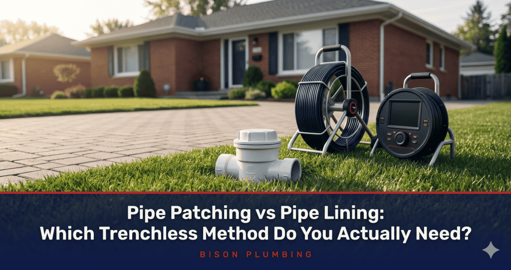Plumbing inspection equipment and a pipe fitting are set on the grass in front of a suburban home. Text reads: Pipe Patching vs Pipe Lining: Which Trenchless Method Do You Actually Need? Bison Plumbing.