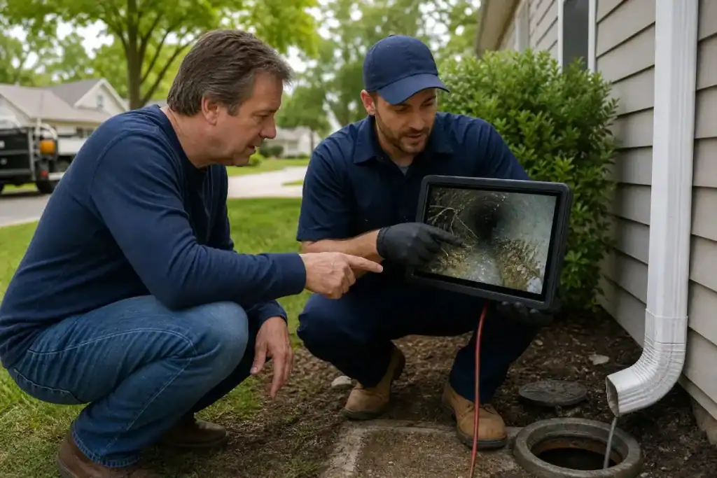 A plumber shows a homeowner a video inspection of a drainpipe on a tablet outside a house. Both are crouched by an open outdoor pipe next to a downspout, discussing the pipes condition.