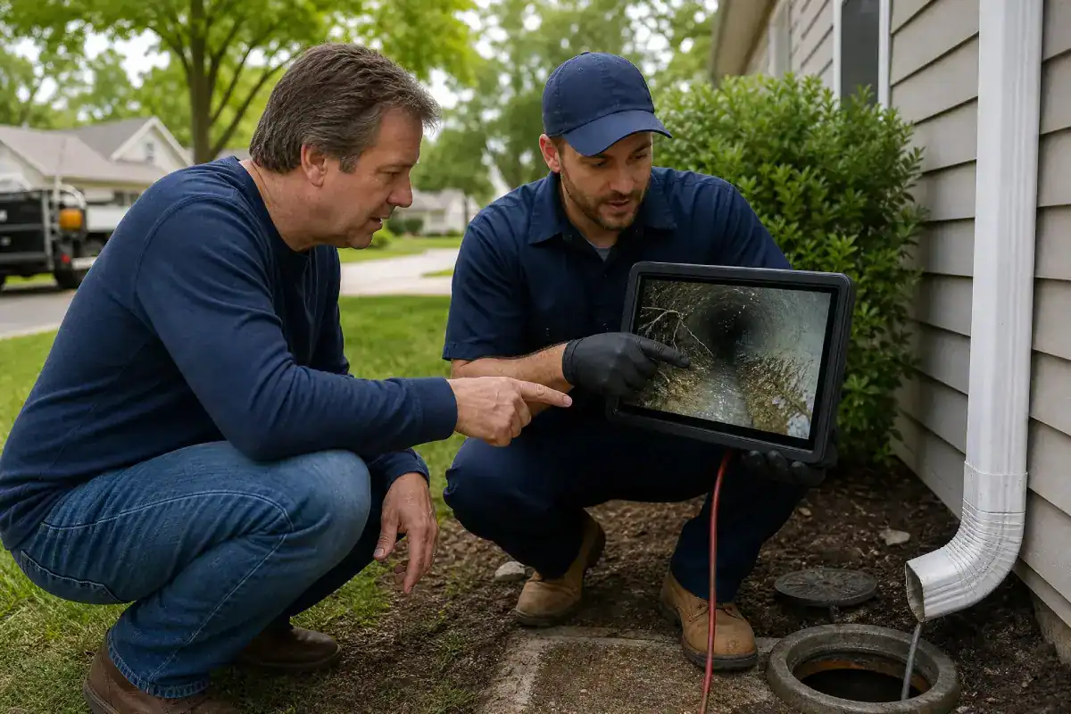Bison technician showing a homeowner drain camera footage on a tablet outside the house