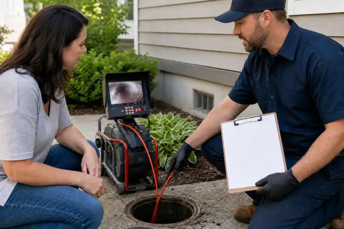 A worker shows a woman a sewer camera inspection on a monitor, using equipment to inspect a drain outside a house. The worker holds a clipboard and wears gloves, while the woman watches attentively.