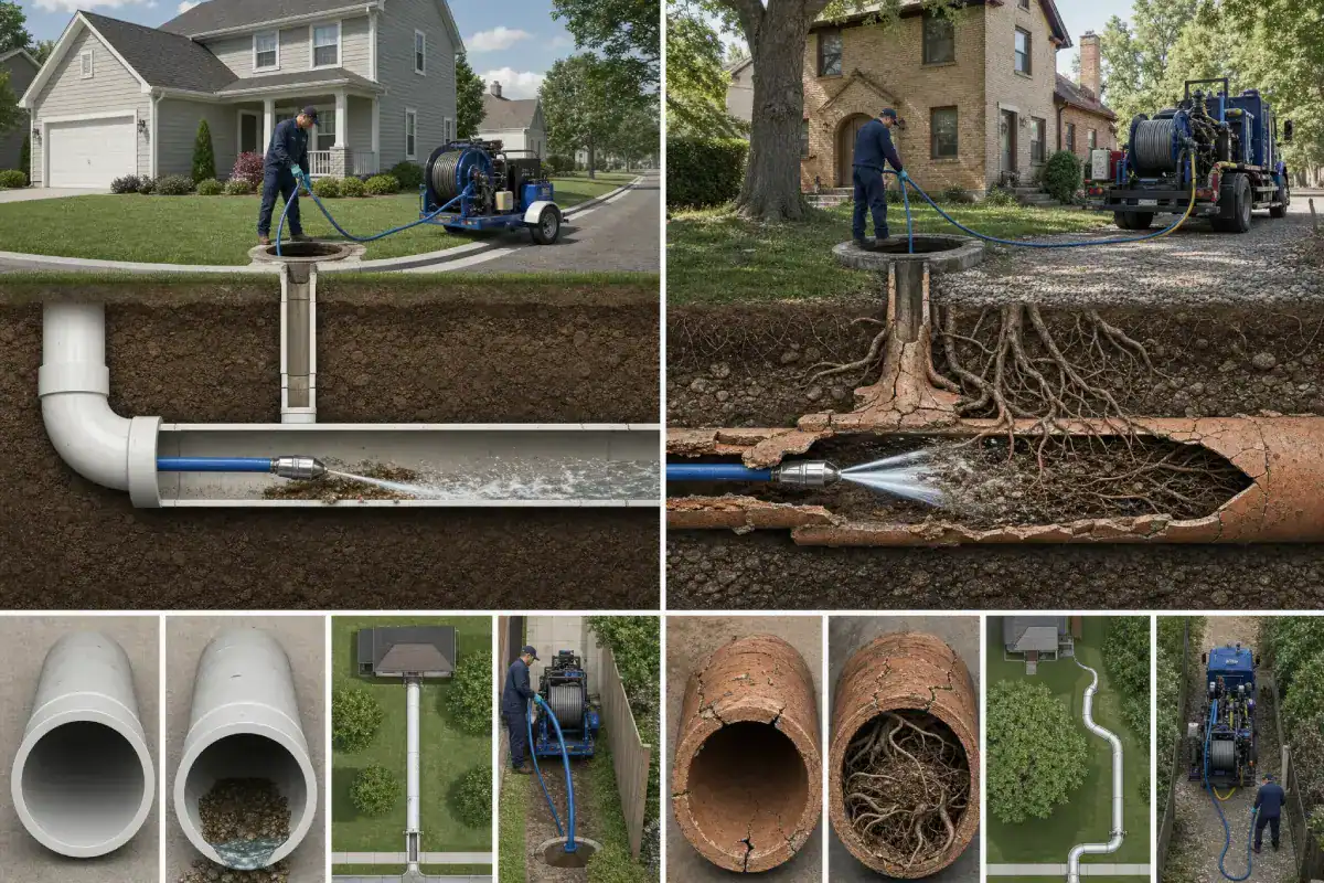 Four panels show workers cleaning sewer pipes with a high-pressure hose; the process removes debris and tree roots, contrasting clean and clogged pipes above and below ground.