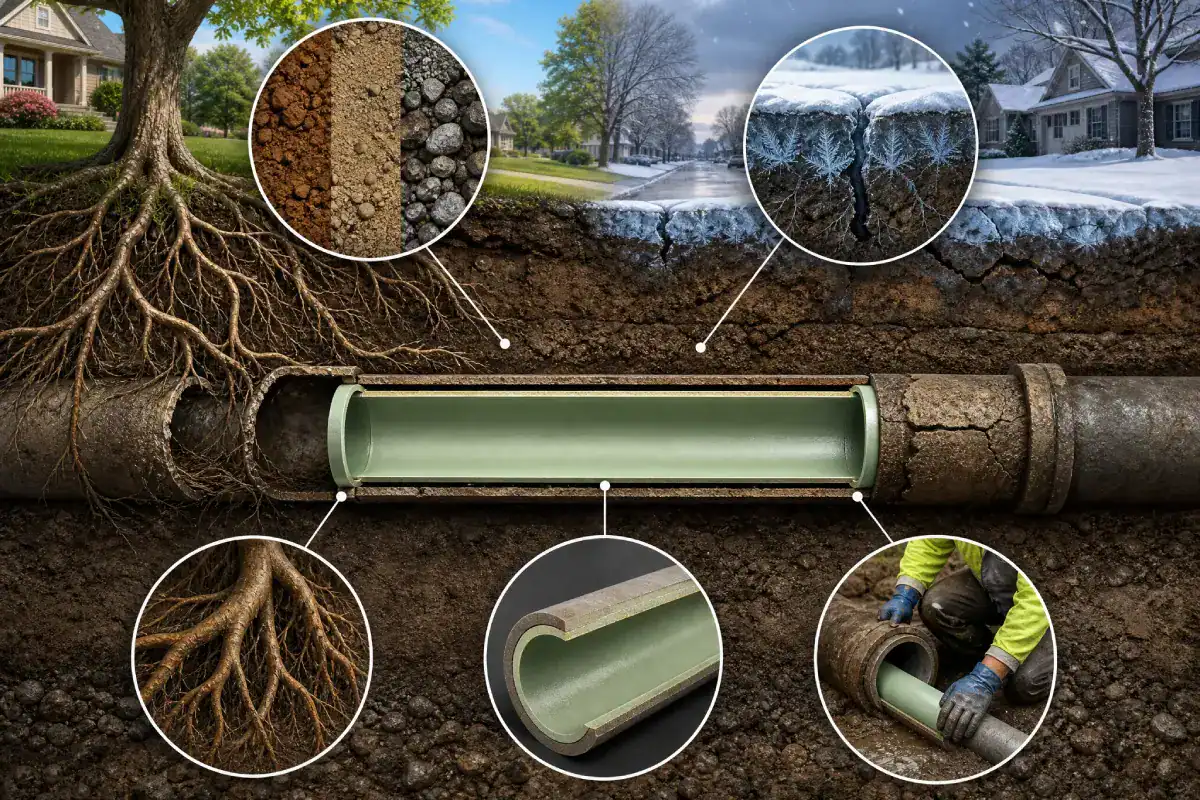 A split pipe underground with circular insets showing causes of damage: tree roots, soil layers, corrosion, freezing, and a worker installing a pipe liner.