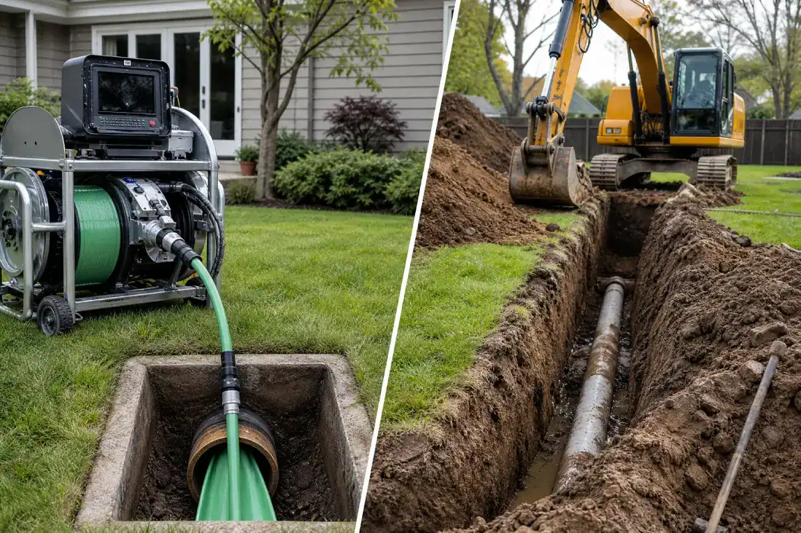 On the left, a trenchless pipe repair machine with a green hose is set up on a lawn. On the right, a yellow excavator digs a trench to expose a buried pipe next to a house.