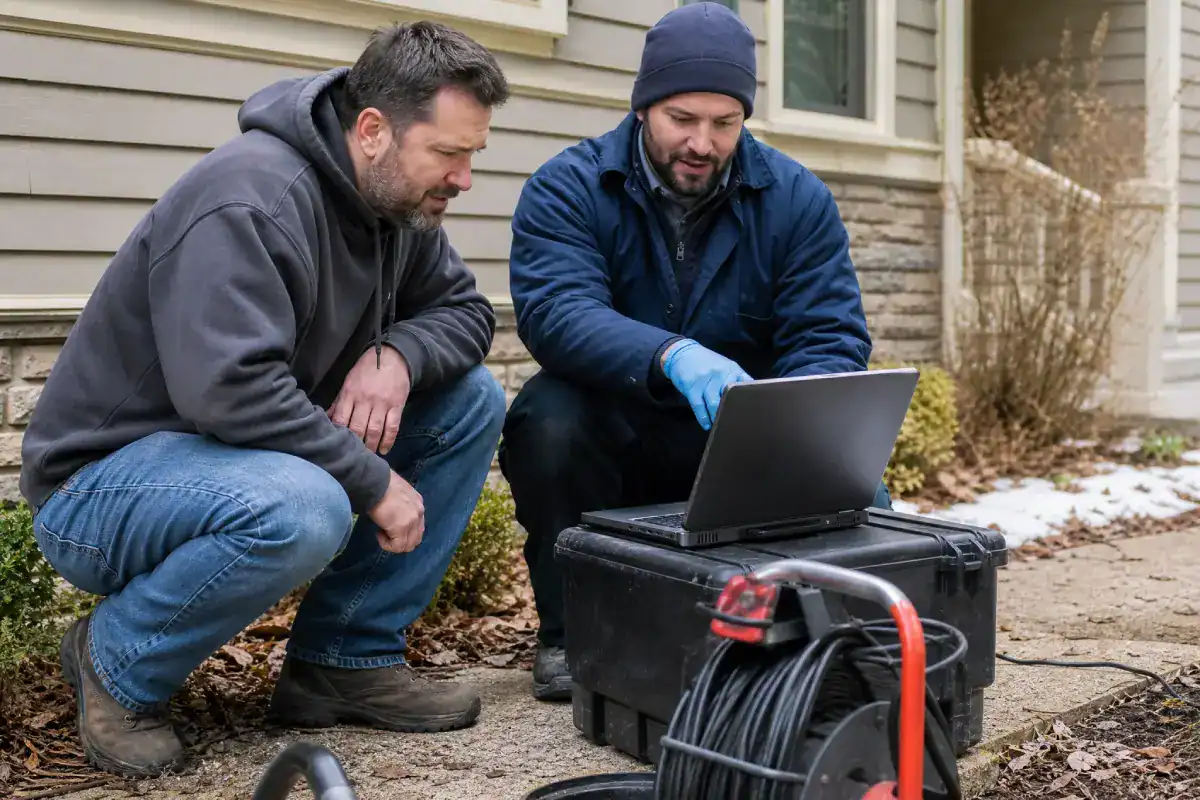 Two men crouch by a laptop outside a house, examining data. One wears a blue beanie and gloves, the other a gray hoodie. Equipment and cables are visible nearby on the walkway.