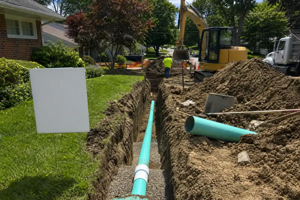 A deep trench in a suburban yard with large green pipes being installed. Construction equipment and workers are visible, with a blank sign in the foreground and piles of excavated dirt on both sides of the trench.