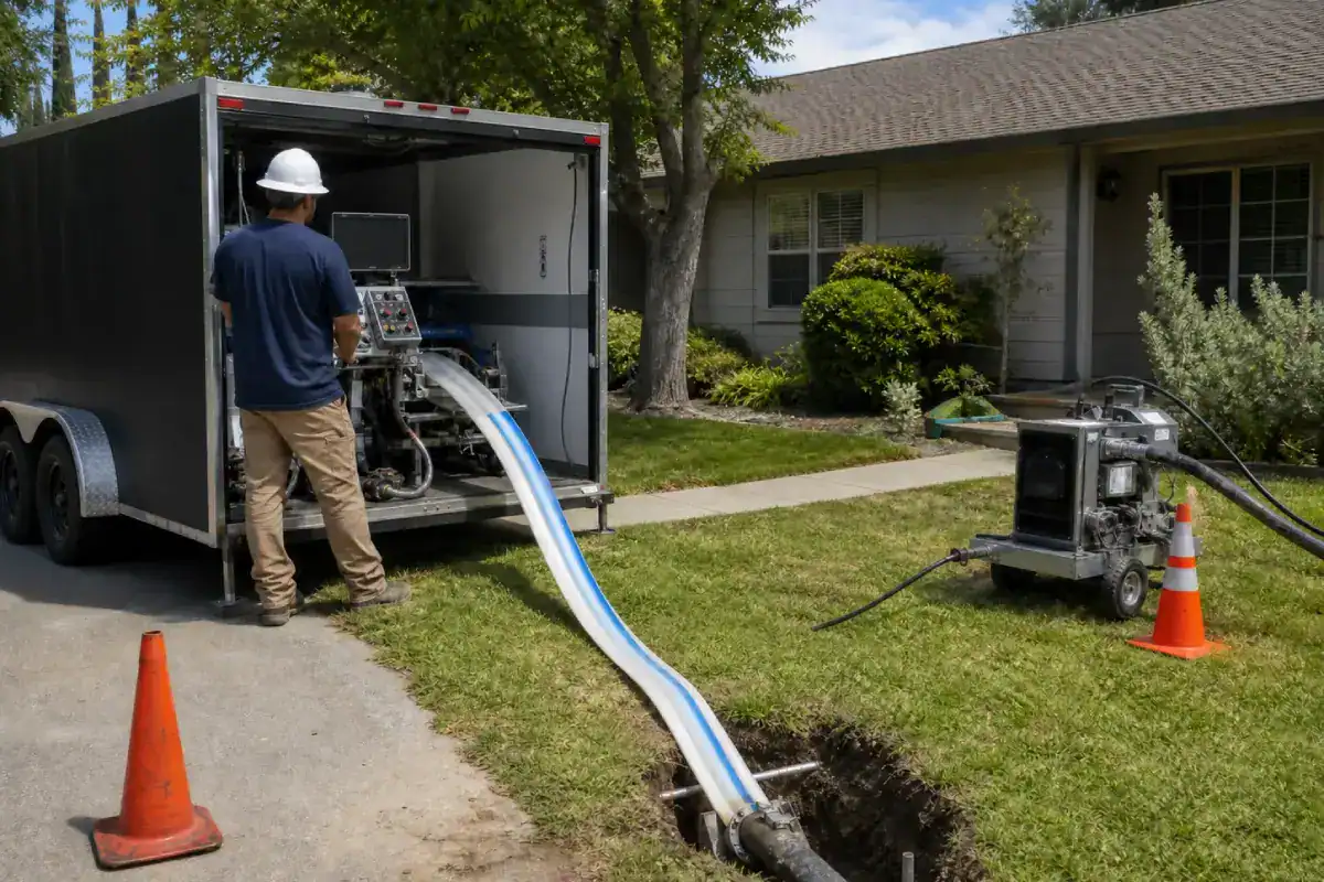 A worker in a hard hat stands by a trailer with machinery, feeding a blue-and-white pipe into an underground line. Nearby, a trench is dug in the grass by a house and orange safety cones mark the area.