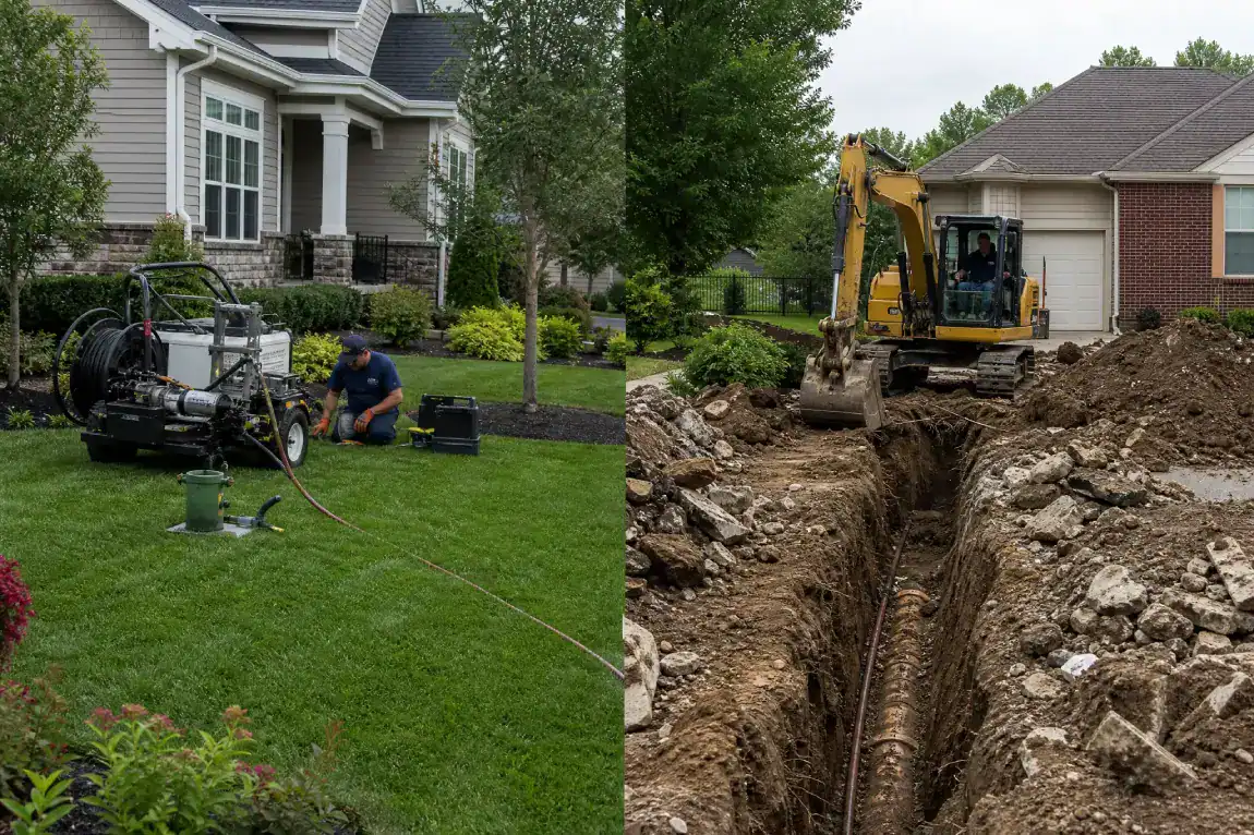 Left: A worker uses equipment on a well-kept lawn. Right: A backhoe excavates a trench in front of a house, exposing pipes underground. Both scenes are in residential neighborhoods.