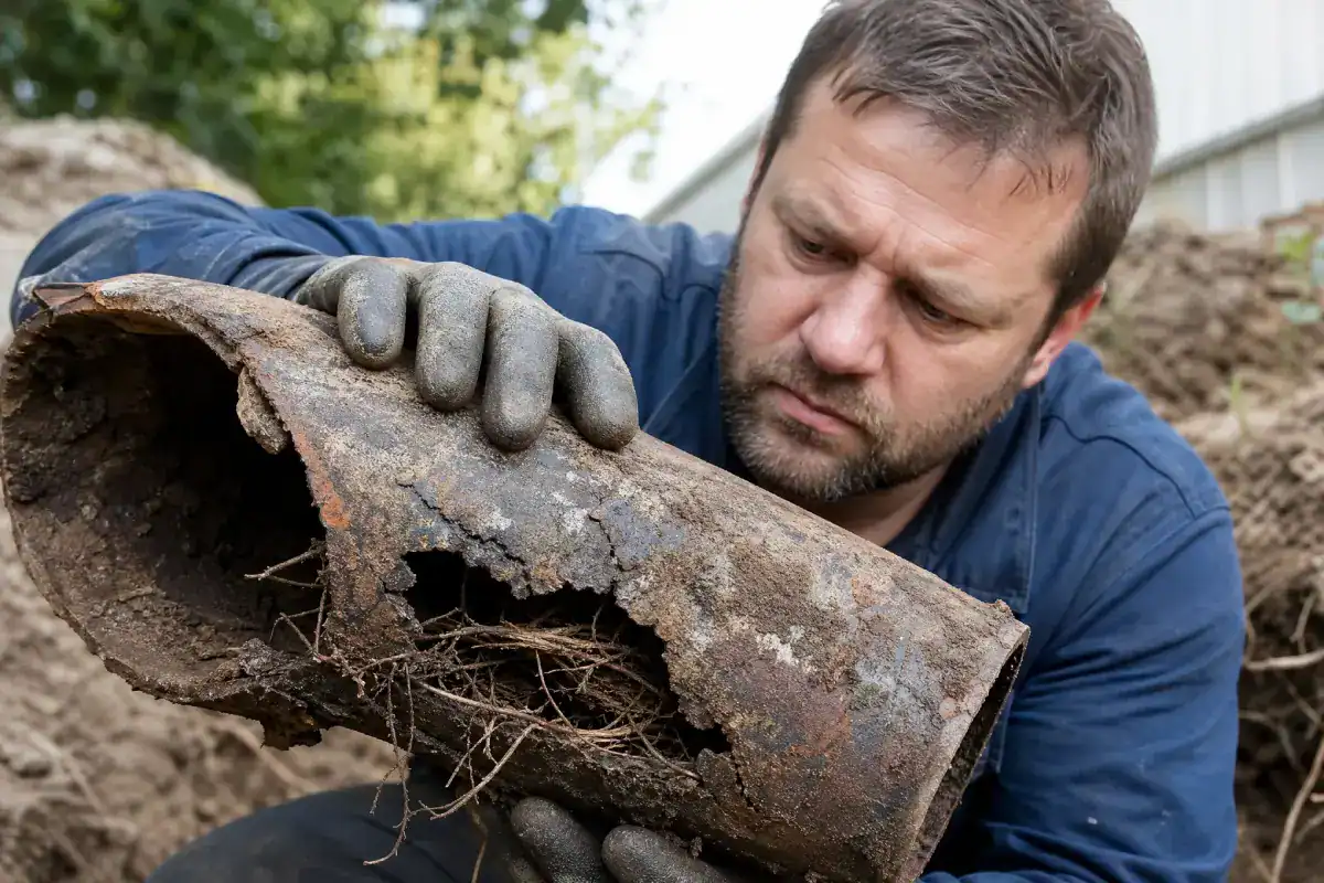 A man wearing gloves examines a rusted, broken pipe clogged with tree roots outdoors, with soil and greenery in the background.