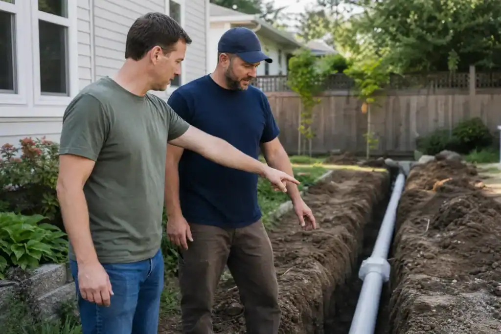 Two men stand next to a trench in a yard, examining a large gray pipe being installed underground near a house. One man is pointing toward the pipe, and both appear to be discussing the project.