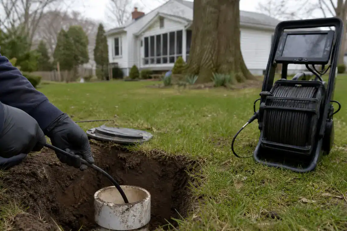 A person inserts a cable into an outdoor pipe in a yard, with a camera inspection device nearby. A white house and large tree are in the background.