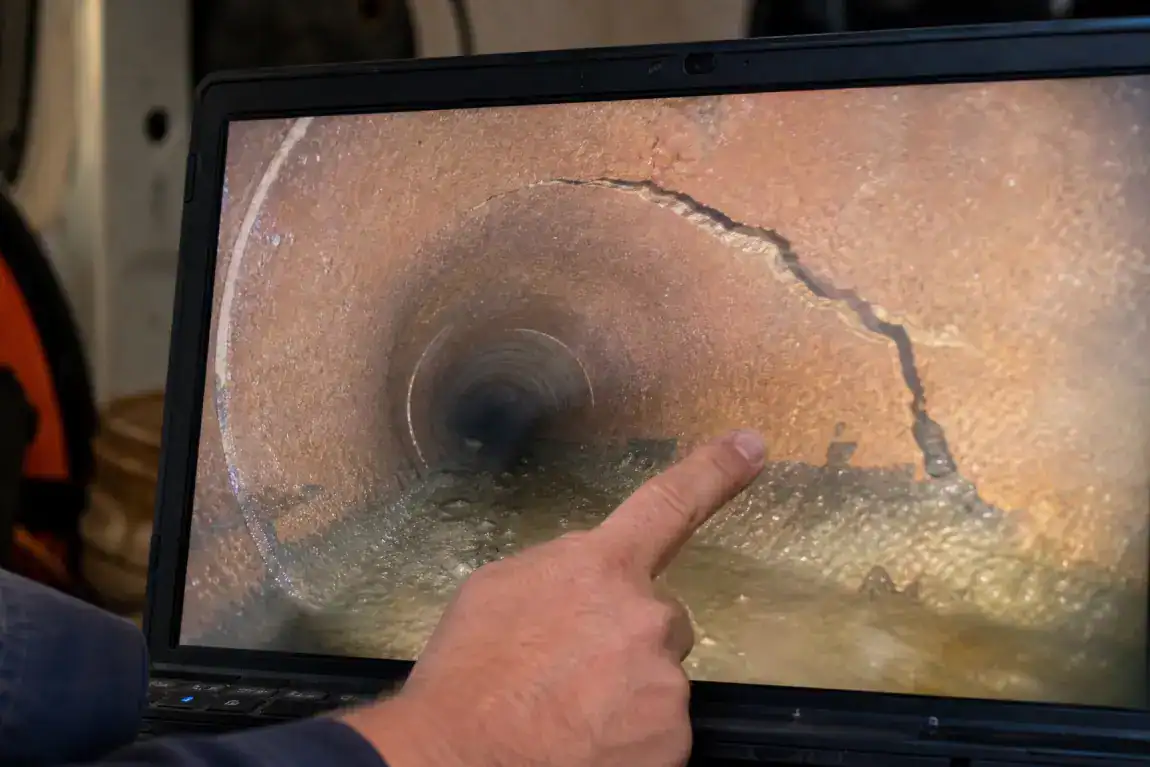 A hand points to a crack inside a rusty pipe shown on a laptop screen, highlighting damage or needed repairs.