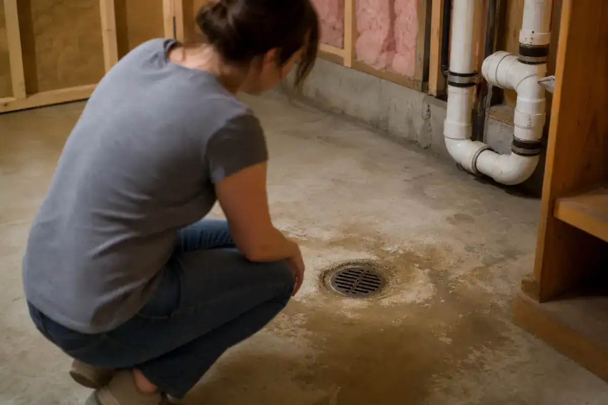 A woman crouches on a basement floor, inspecting a drain surrounded by water stains. Exposed pipes and unfinished walls are visible in the background.