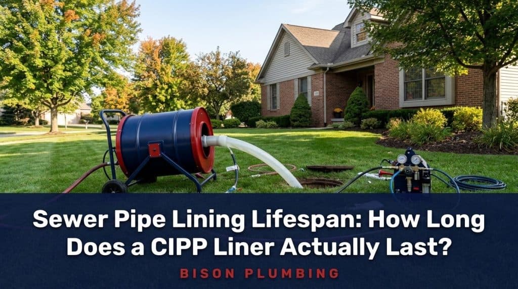 A residential house with a lawn and trees; sewer pipe lining equipment is set up outside. Text reads: Sewer Pipe Lining Lifespan: How Long Does a CIPP Liner Actually Last? Bison Plumbing.