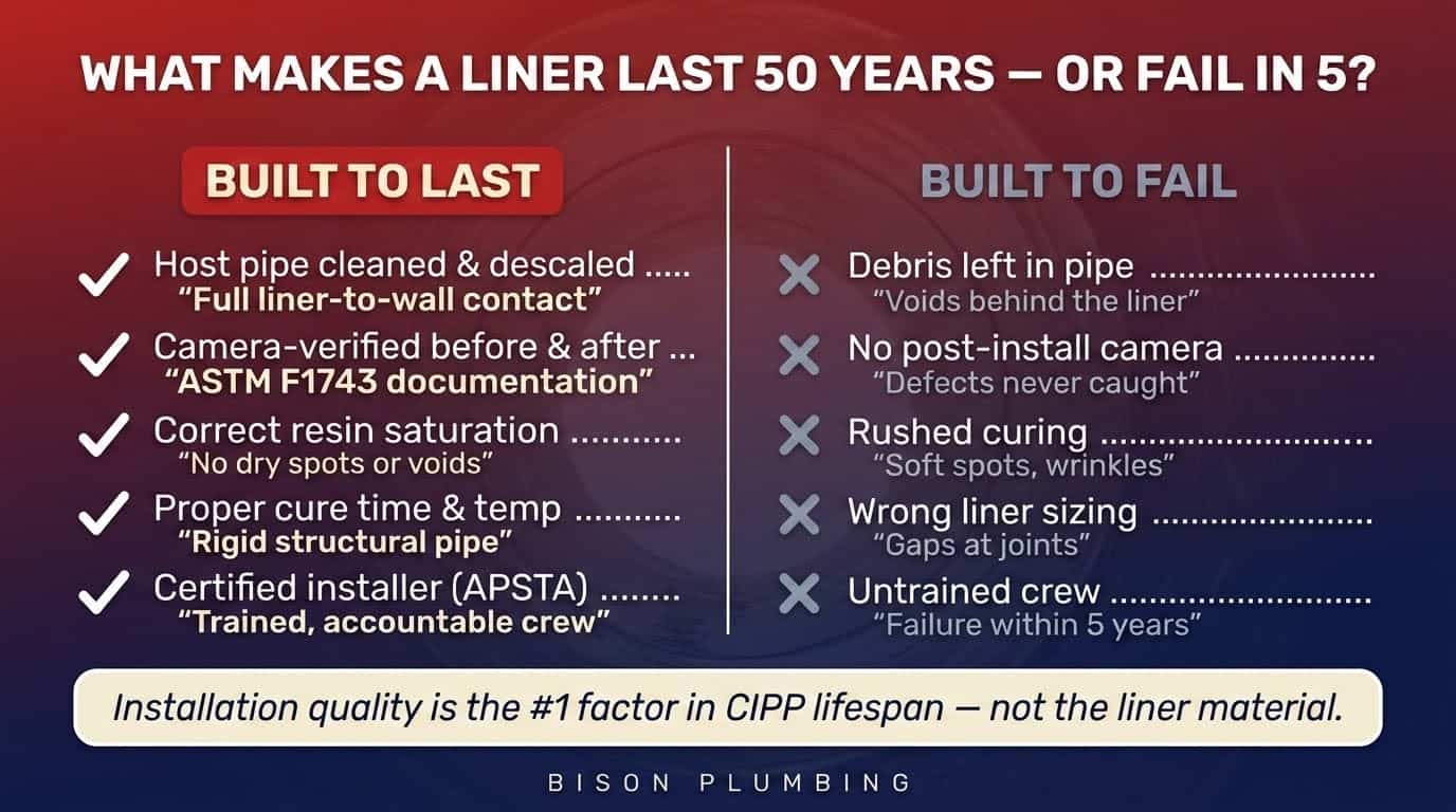 Comparison of installation factors that make a CIPP liner last 50 years versus fail within 5
