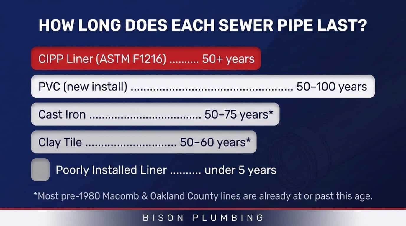 Bar chart comparing CIPP liner 50-year lifespan vs clay, cast iron, and PVC sewer pipe lifespans