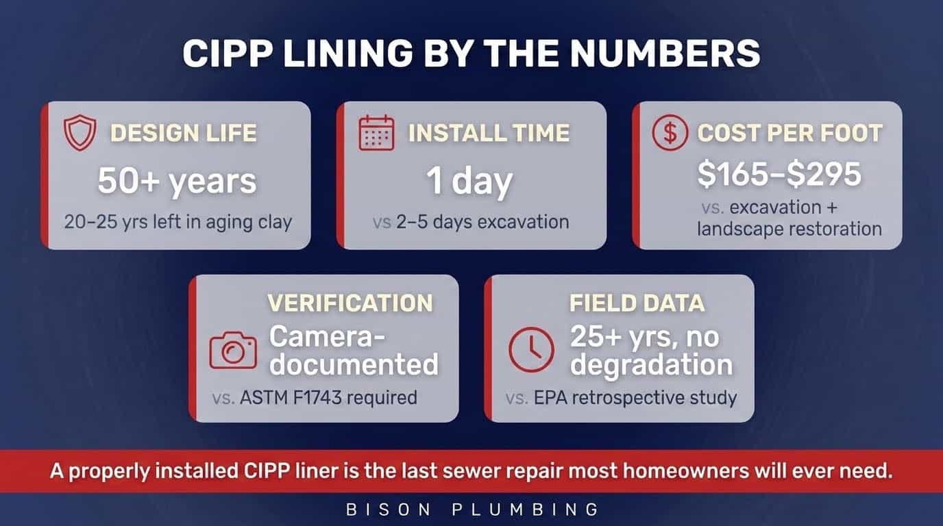 Key CIPP lining metrics: 50-year design life, 1-day install, $165–$295 per foot, EPA field data showing 25+ years with no degradation