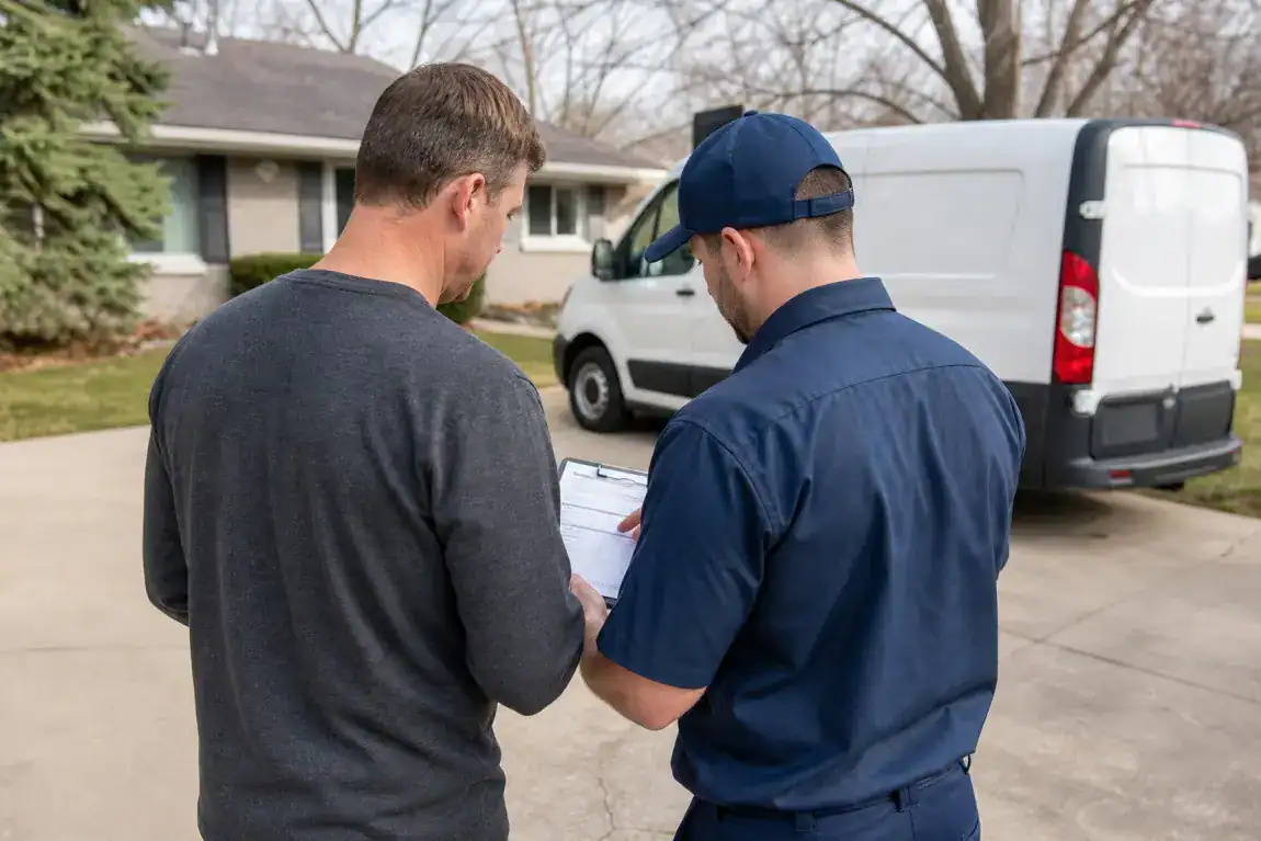 A delivery worker in a blue uniform shows paperwork on a clipboard to a man outside a house, with a white van parked in the driveway.