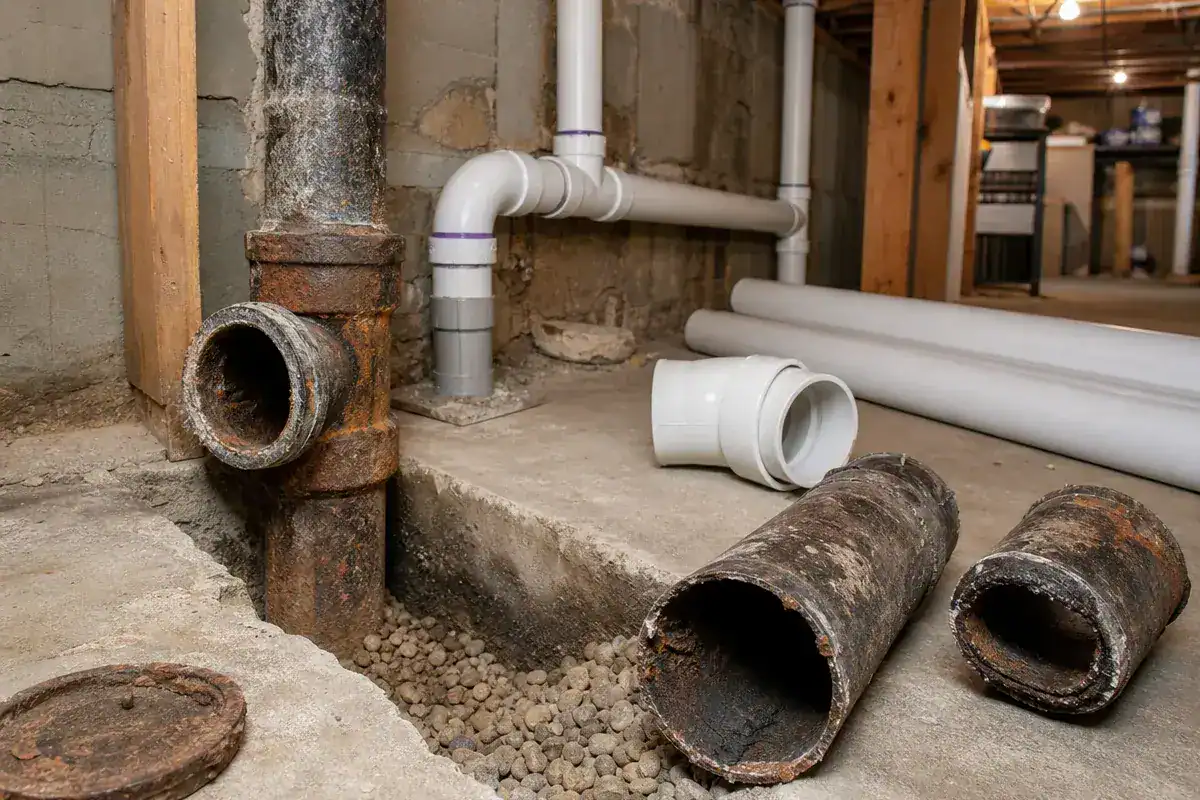 Old, rusty pipes removed from a basement floor next to newly installed white PVC pipes; gravel fills a trench where pipes were replaced, with concrete walls and a partially finished basement in the background.