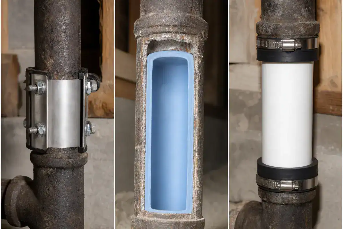 Three panels show pipe repair methods: a metal clamp on a rusty pipe, a cutaway view revealing a blue liner inside a pipe, and a white sleeve secured with metal bands on a pipe.