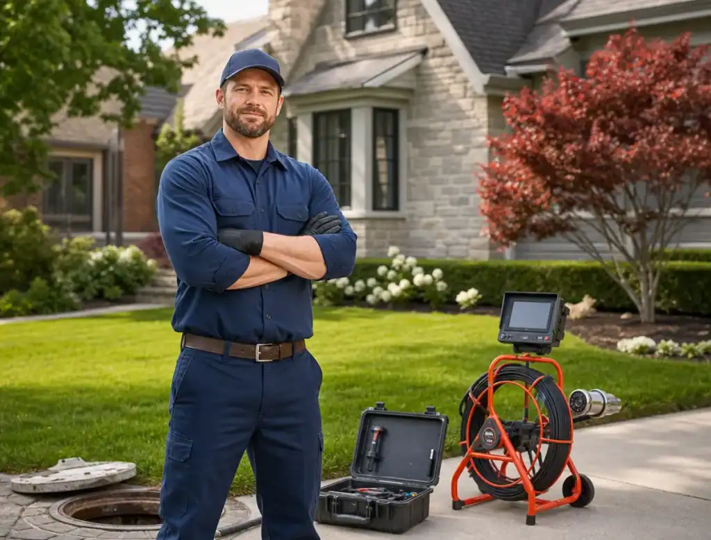 A plumber in a navy uniform stands with arms crossed beside equipment and an open manhole, in front of a house with a landscaped yard.