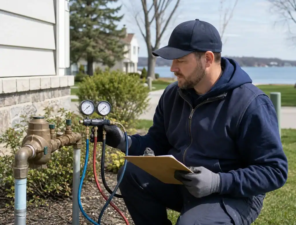 A man in work clothes checks outdoor water pressure gauges attached to a pipe. He holds a clipboard and kneels by a house, with trees, grass, and a lake visible in the background.