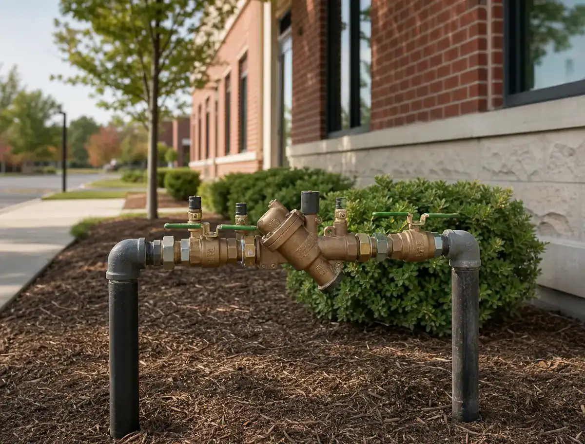A brass backflow preventer valve is installed between two black pipes in a landscaped area outside a brick building with shrubs and windows.