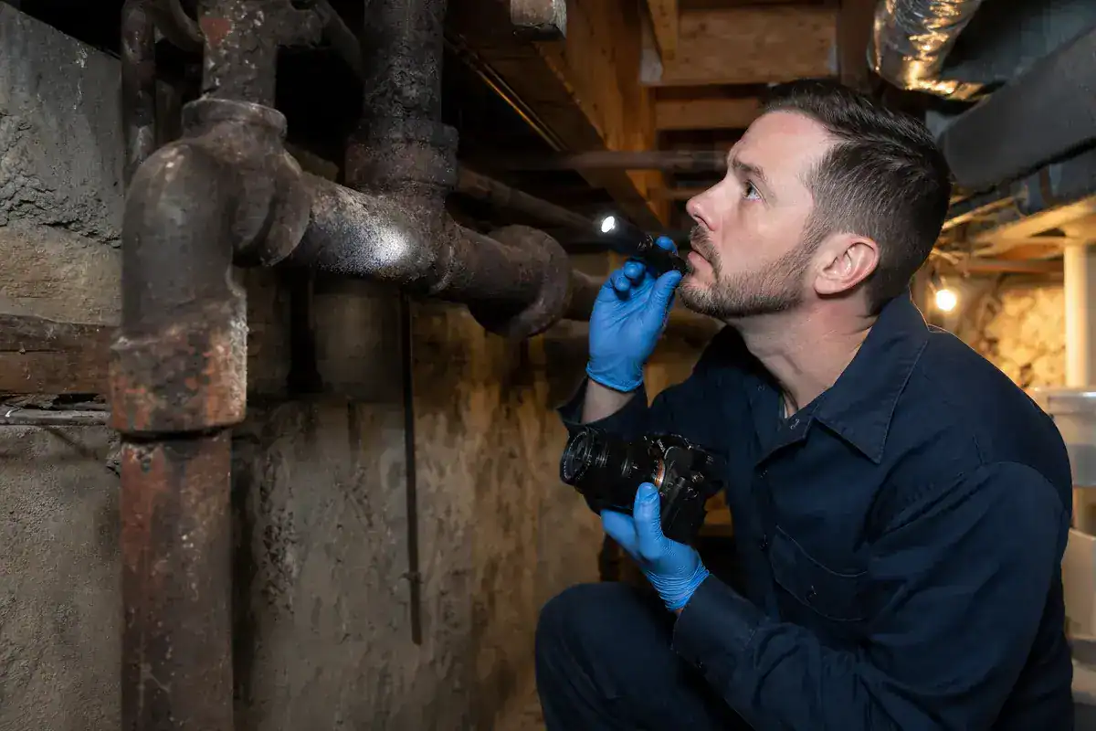 A man wearing blue gloves inspects old pipes in a basement with a flashlight, closely examining for issues.