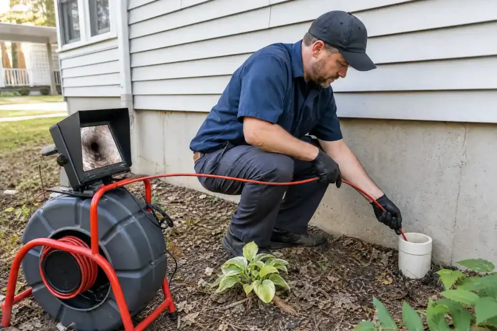 Bison Plumbing technician running a sewer camera inspection before a home sale in Warren, MI