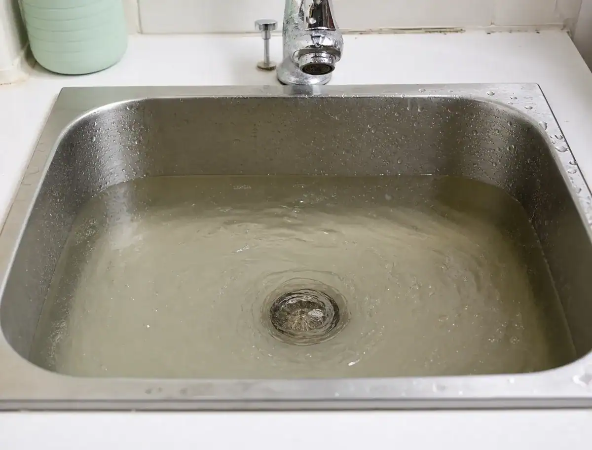 A stainless steel sink filled with cloudy water is draining slowly, with a visible swirling motion near the drain.