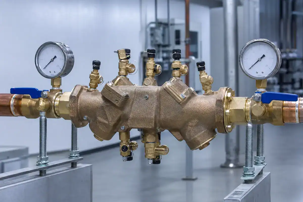 A close-up of an industrial brass backflow preventer valve with multiple gauges and pipes in a utility room, mounted on a metal frame with visible bolts and blue-handled shut-off valves.
