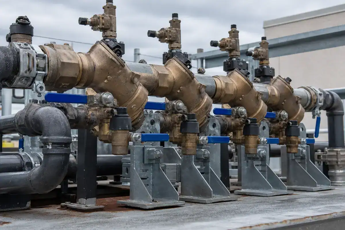Four brass industrial valves with blue handles are connected to black and gray pipes, mounted on metal supports outdoors, under a cloudy sky.