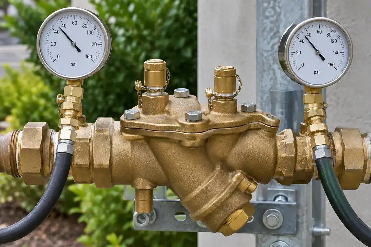 A brass pressure regulator valve with two round pressure gauges attached, mounted on a metal support with hoses connected, and green foliage in the background.