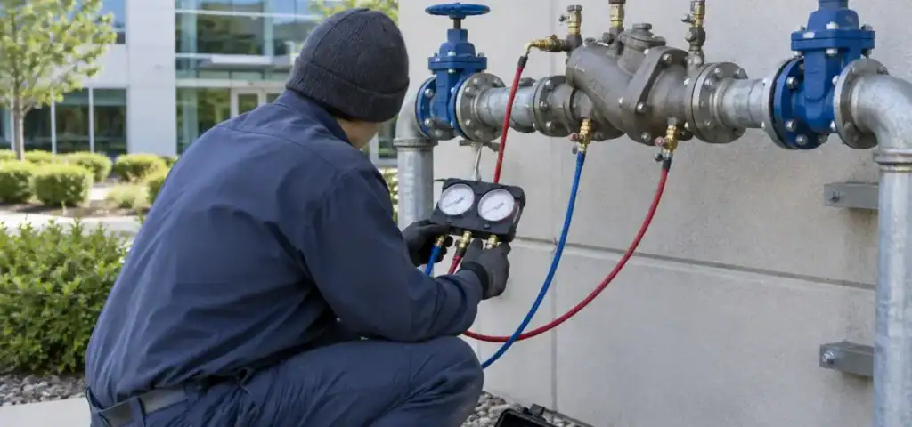 A worker in dark clothing and gloves checks pressure gauges on pipes connected to a buildings exterior, with red and blue hoses attached. Shrubs and windows are visible in the background.