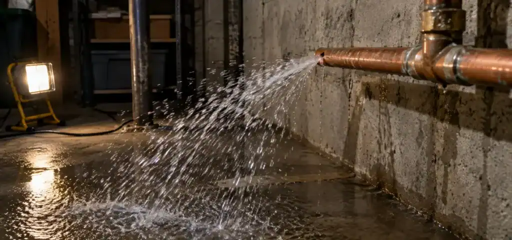 Water is spraying forcefully from a burst copper pipe in a basement, wetting the concrete floor. A bright work light is set up in the background.
