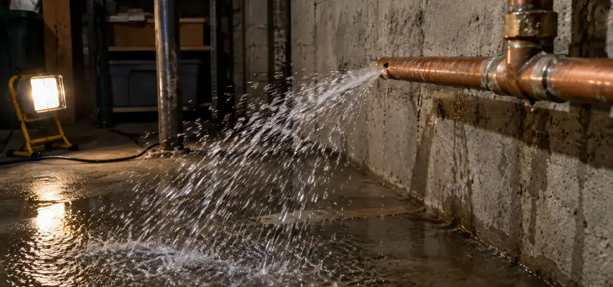 Water is spraying forcefully from a burst copper pipe in a basement, wetting the concrete floor. A bright work light is set up in the background.