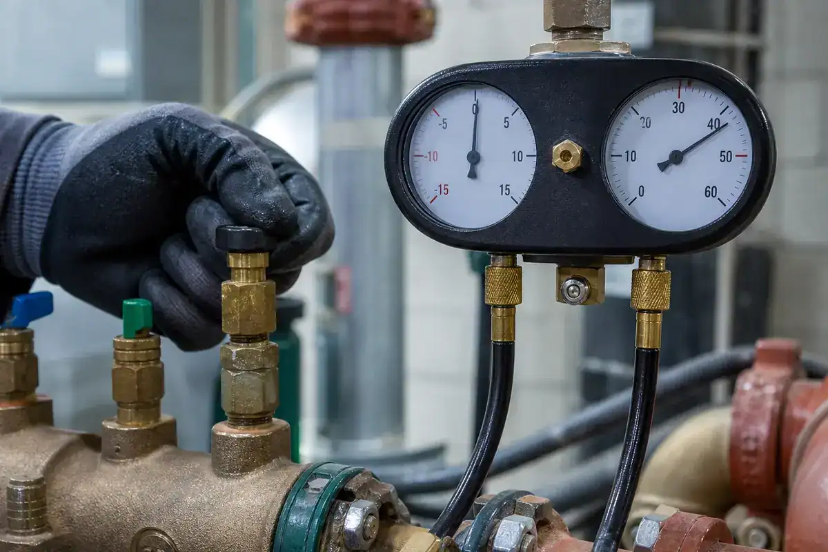 A gloved hand adjusts a brass valve on industrial pipes, while two pressure gauges display measurements.