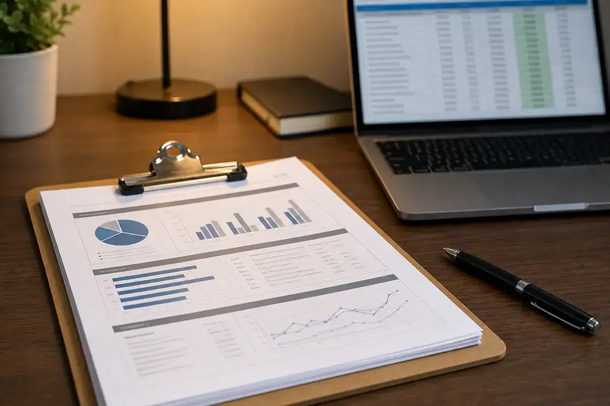 A clipboard with printed financial charts and graphs sits on a desk next to a pen, a closed notebook, a lamp, and an open laptop displaying a spreadsheet.