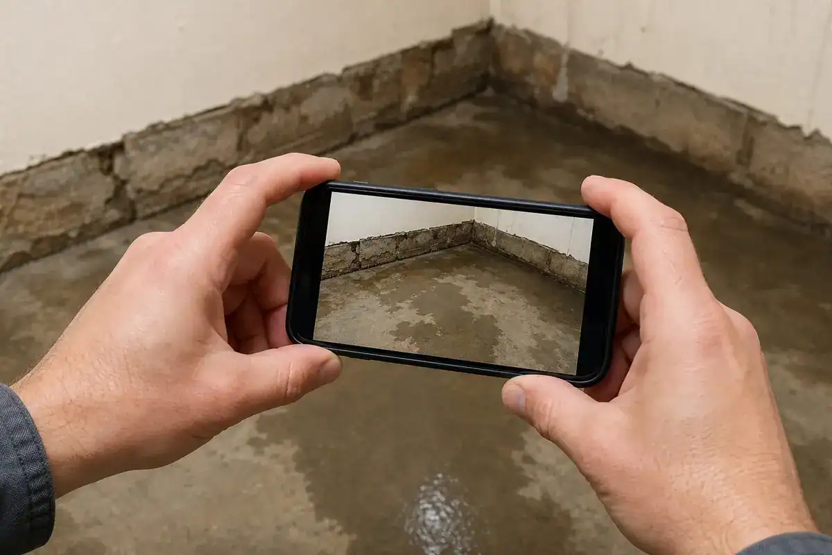 A person holds a phone and takes a photo of a damp, water-stained corner of a concrete basement floor with peeling paint on the walls.
