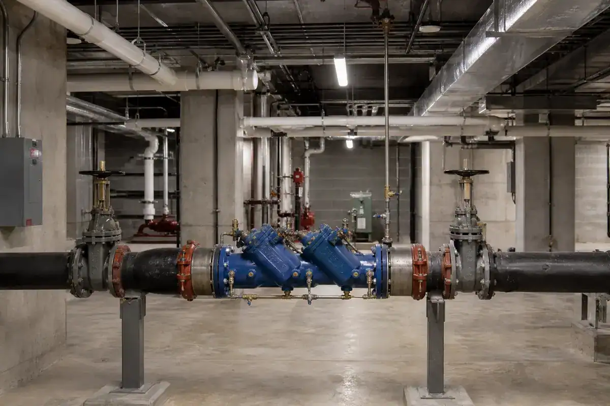 A large blue valve system is installed on black pipes in an industrial basement, surrounded by concrete columns, exposed ductwork, and various plumbing fixtures.