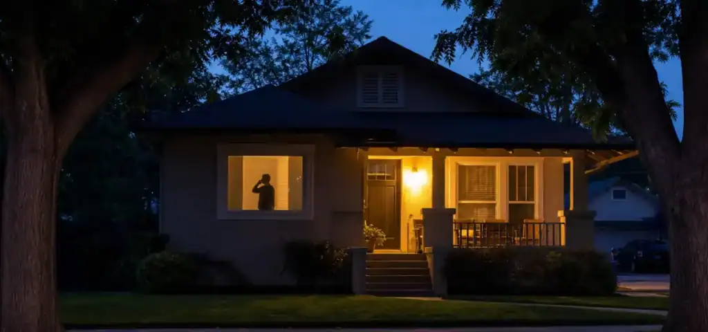 A small house at night with lights on inside. A person is visible through the window, holding a phone to their ear. The porch is illuminated, and two trees frame the house in the foreground.