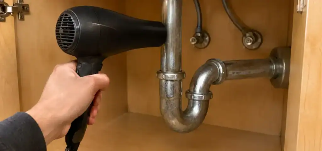 A hand holds a black hair dryer aimed at metal pipes under a sink inside a wooden cabinet, possibly to thaw frozen pipes.