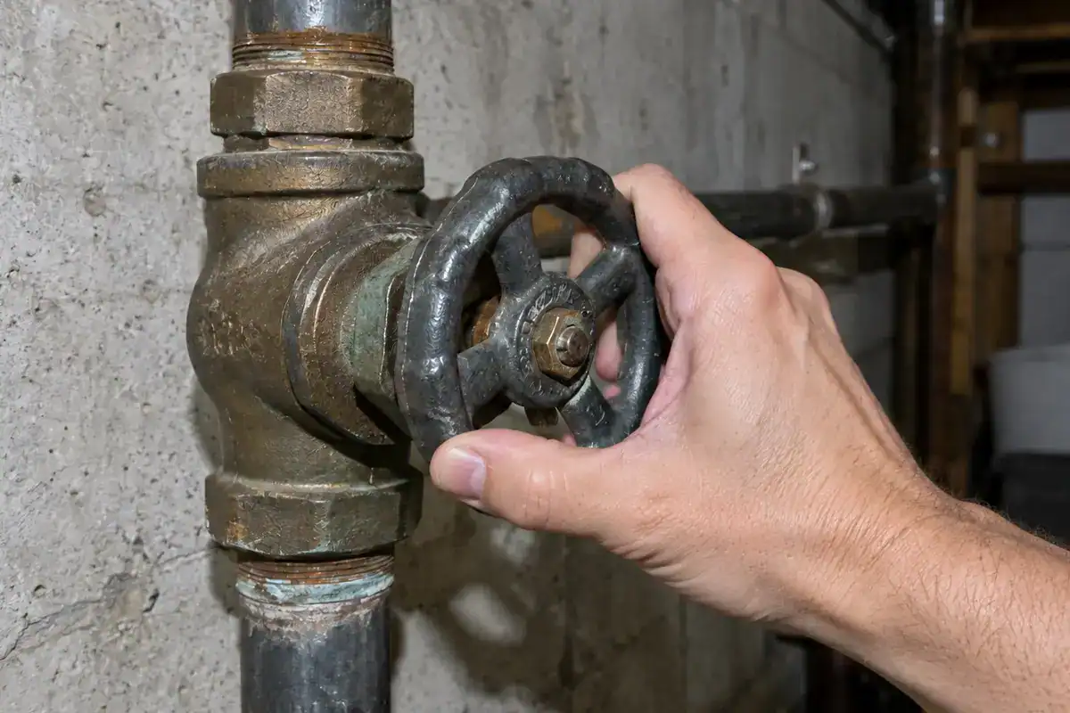 A hand turns a black metal valve wheel on an old, rusty water pipe against a concrete wall.