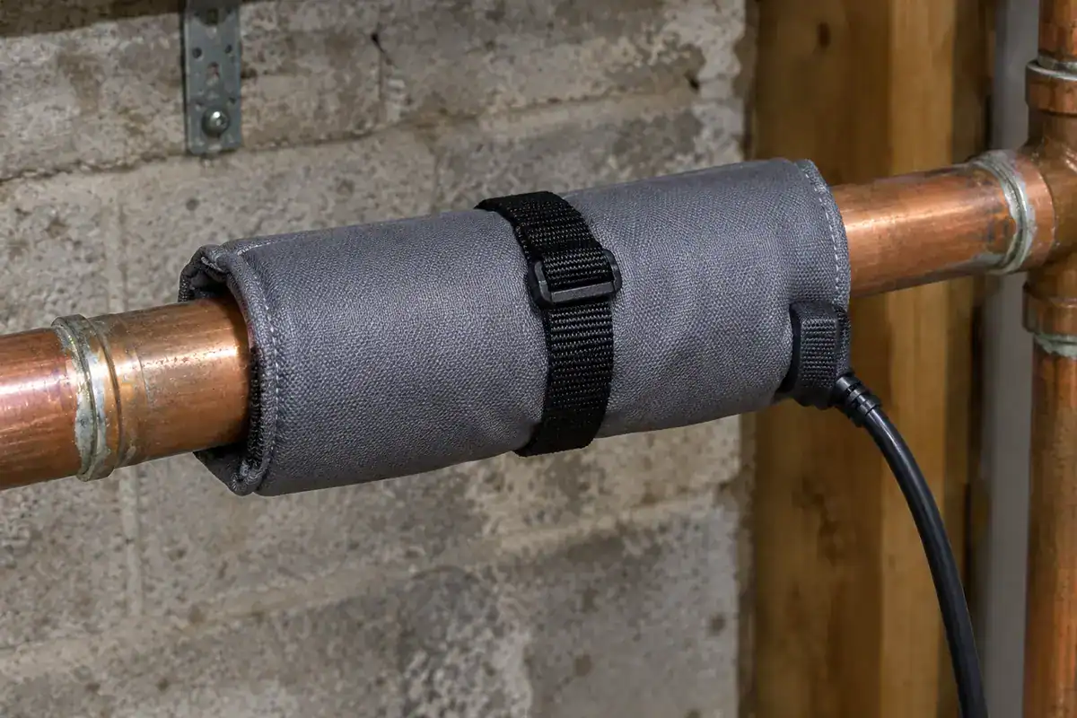 A copper pipe wrapped in a gray insulated cover with a black strap attached, set against a rough concrete wall background.