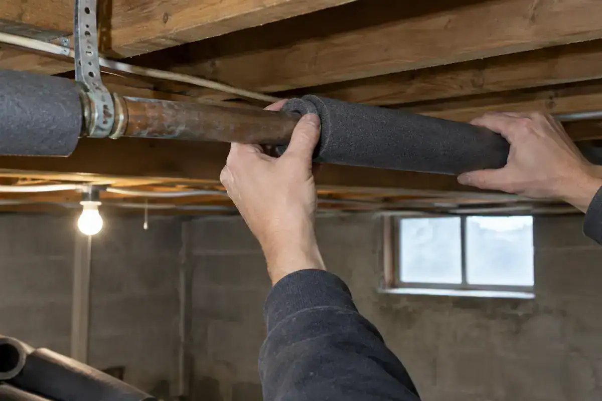 A person installs foam pipe insulation on a copper pipe in a basement with unfinished wooden beams, concrete walls, and a single light bulb hanging from the ceiling.