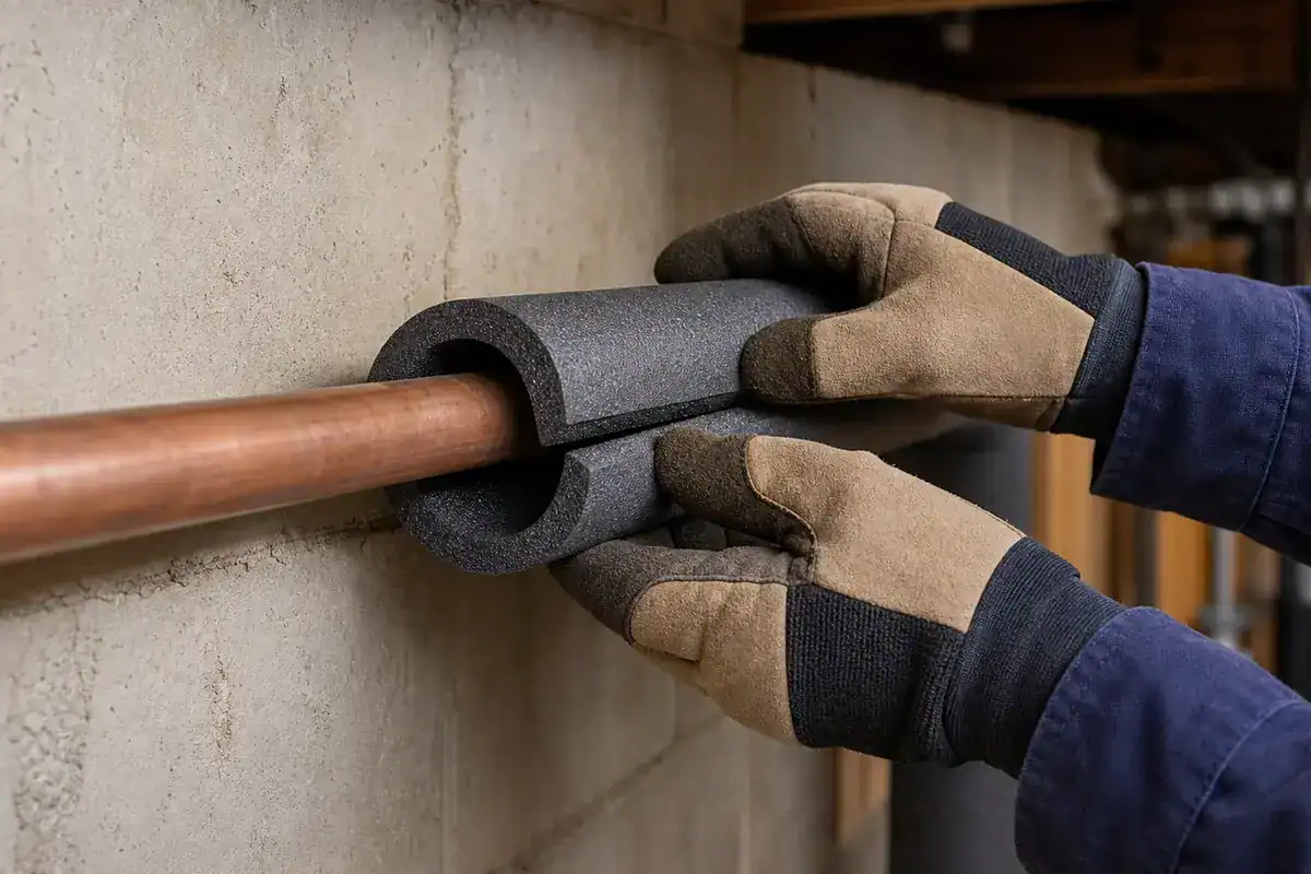 A person wearing gloves installs foam pipe insulation around a copper pipe mounted on a concrete wall.