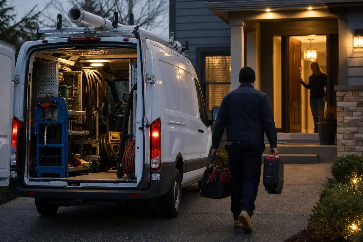 A worker carrying tools walks toward a house at dusk, while a woman opens the front door. A white service van with organized equipment is parked in the driveway.