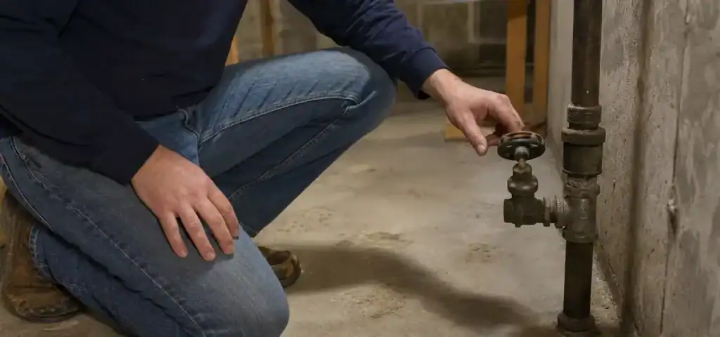 A person in jeans and boots kneels on a concrete floor, turning a valve on a metal pipe attached to a wall.