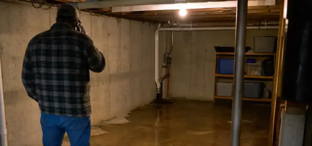A person in a plaid shirt talks on the phone while standing in a dimly lit basement with water on the concrete floor and storage shelves in the corner.