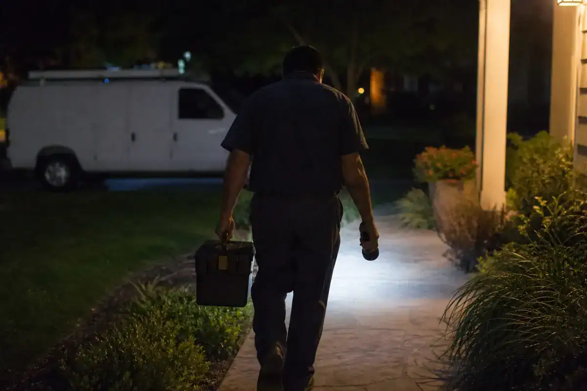 A man holding a toolbox and flashlight walks toward a house at night, with a white van parked on the grass in the background.