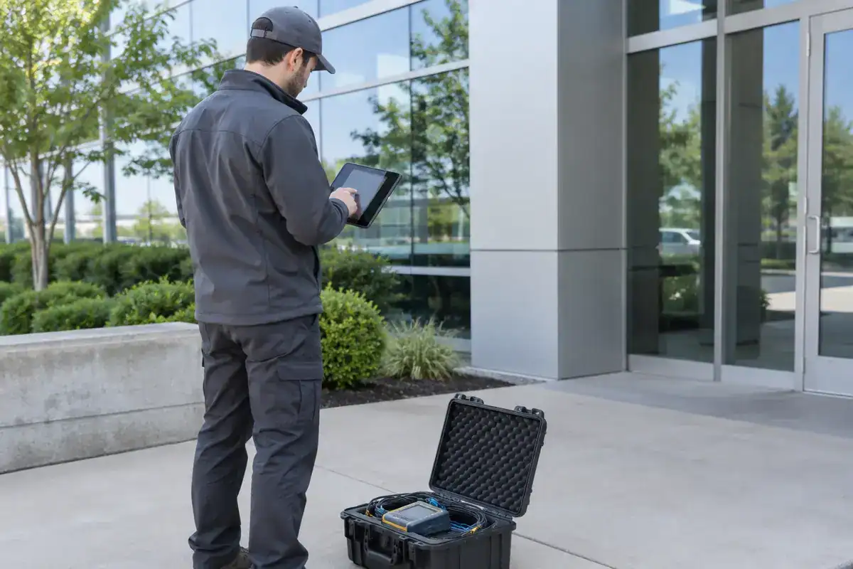A person in dark work clothes uses a tablet outside a modern building, standing near an open black equipment case on the sidewalk.